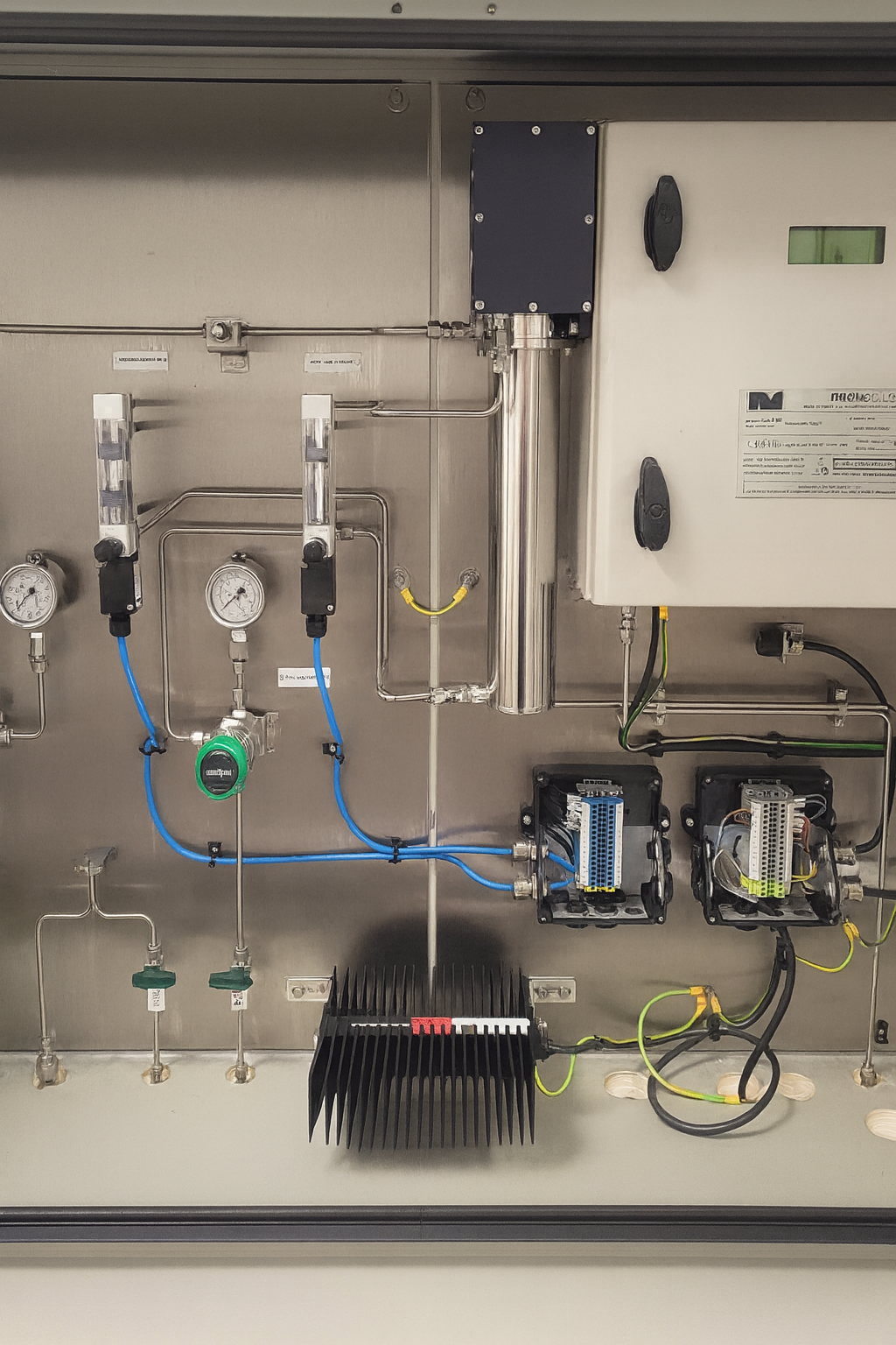 An industrial wall-mounted gas analysis system with stainless steel tubing, pressure gauges, flow meters, and electronics.