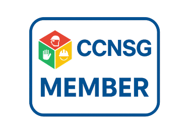 A logo with a multi-colored cube of safety icons next to the text 