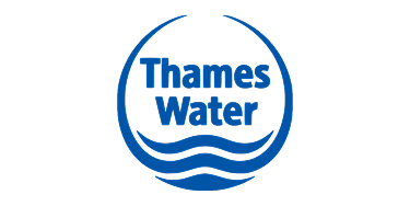 Thames Water logo: blue text "Thames Water" inside a circle, featuring stylized blue water waves at the bottom.