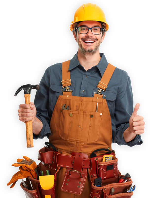 Smiling construction worker in yellow hard hat, orange overalls, holding a hammer and giving a thumbs-up.