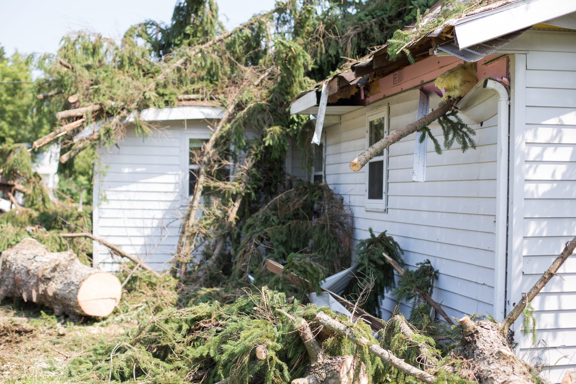 Storm debris piled against white houses with fallen trees and broken branches.