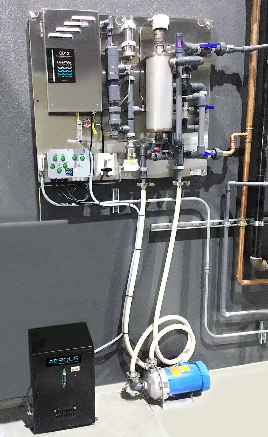 ClearWater Tech CIP‑PM wall‑mounted ozone system delivering ozonated water for clean‑in‑place sanitation applications