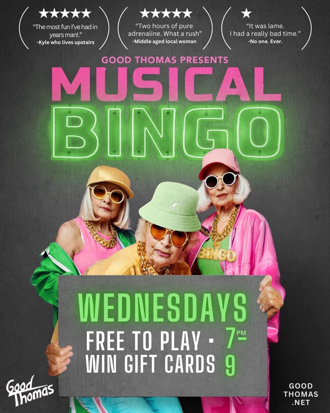 A poster for musical bingo shows three older women holding a sign