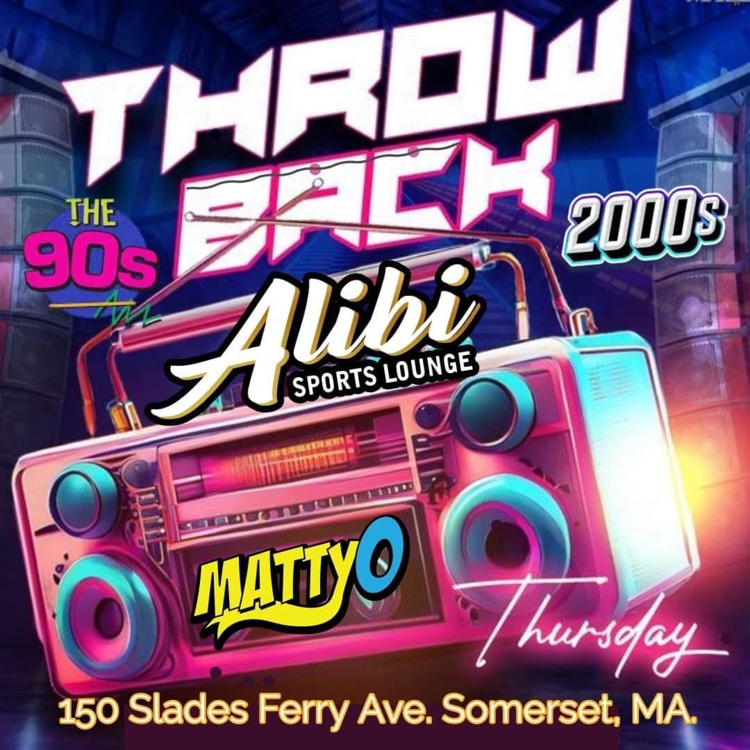 An advertisement for throw back the 90s at alibi sports lounge