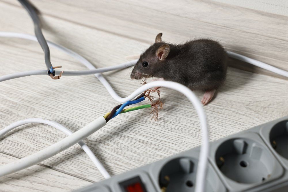 A Rat Sits Near Chewed Electrical Cords by an Outlet on a Wood-grain Surface — Optimum Pest Services In Atherton, QLD
