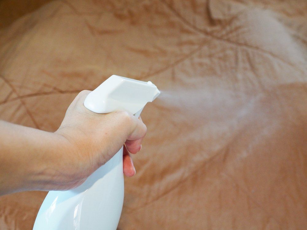 Hand Spraying a White Bottle Towards a Brown Blanket — Optimum Pest Services In Port Douglas, QLD