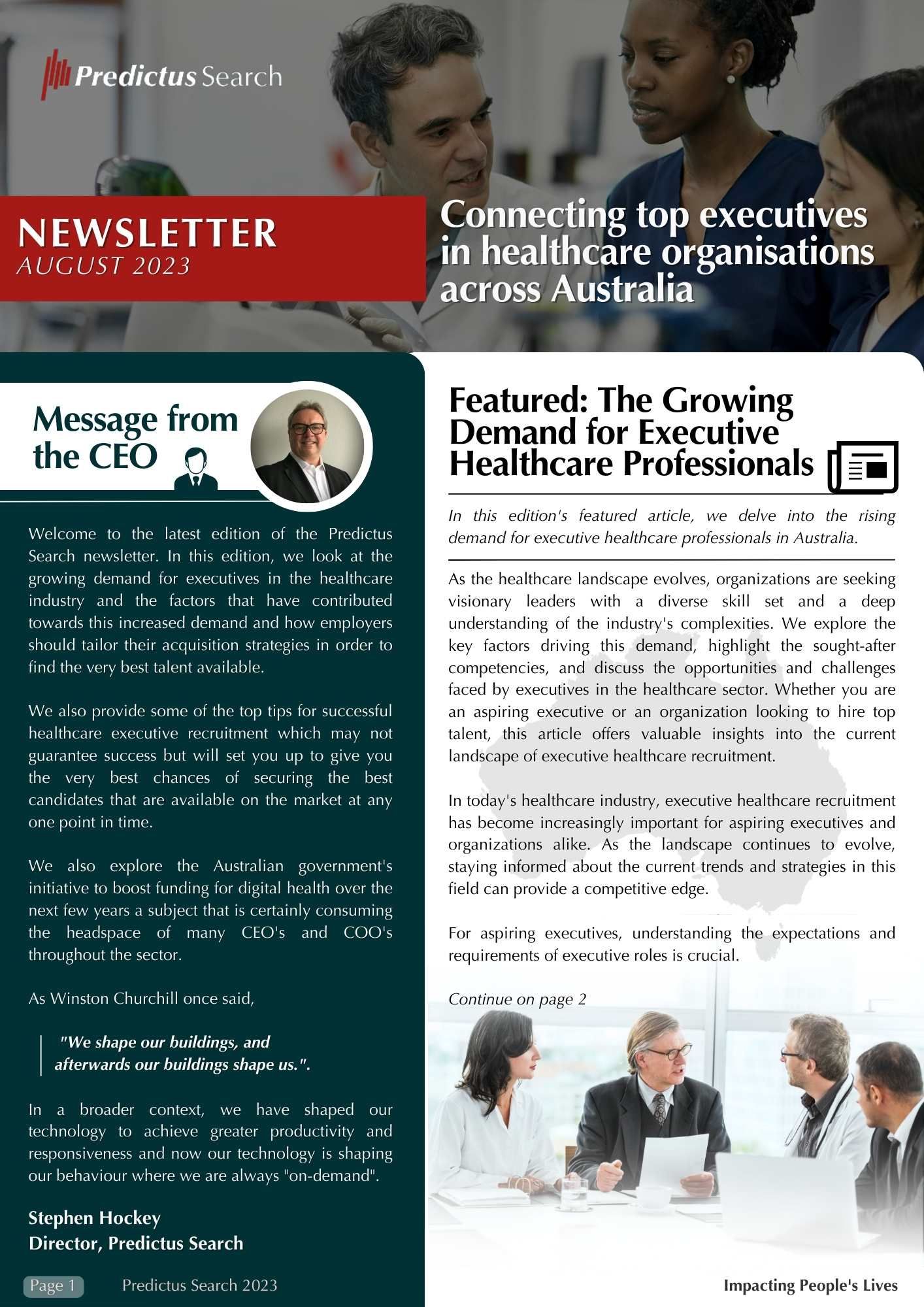 A newsletter with a picture of a group of people sitting around a table.