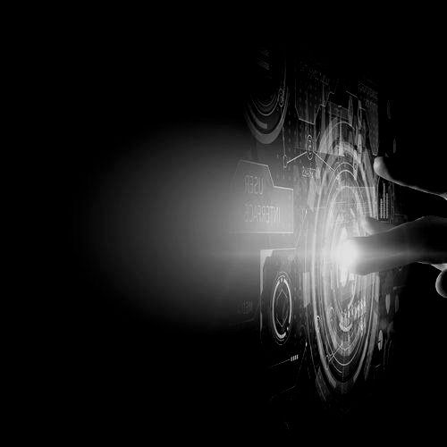 A person is pressing a button on a futuristic screen.