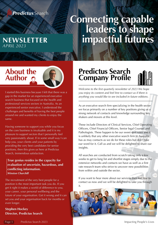 A red and white newsletter for predictus search company profile