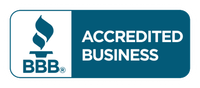 A blue and white logo for an accredited business.