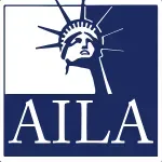 AILA logo: Statue of Liberty head, white and blue, with