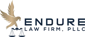 Gold eagle clutching scales; text "ENDURE LAW FIRM, PLLC" in navy.