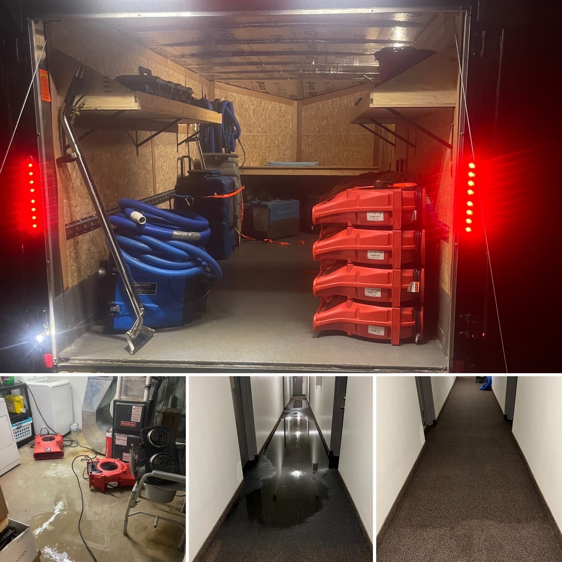 A collage of pictures shows a trailer filled with cleaning equipment