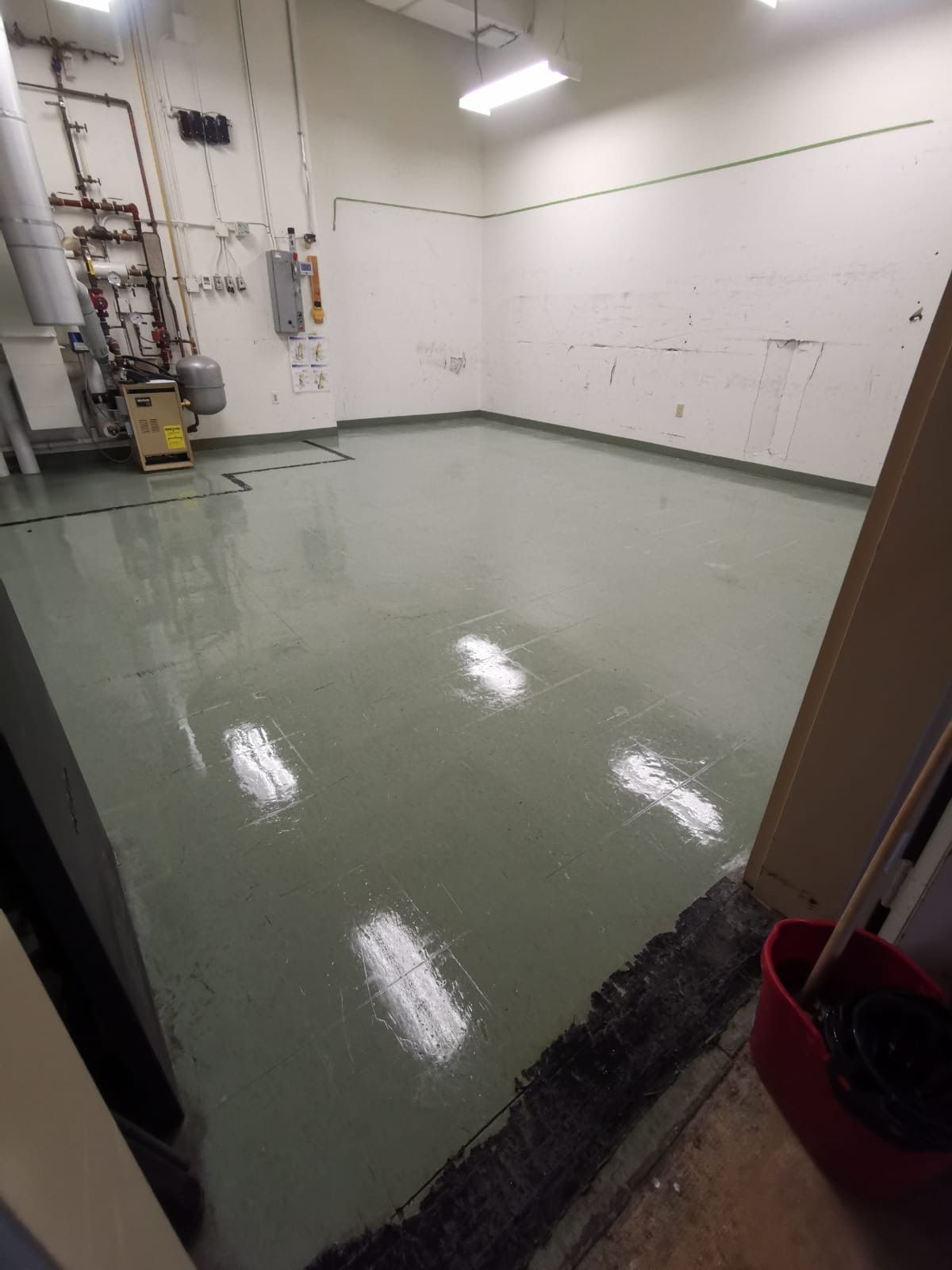 A room with a green floor and white walls.