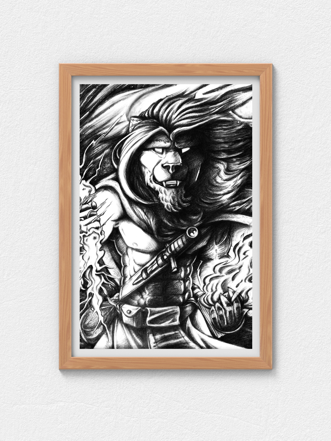 [Sold] Embermane – Original Charcoal & Ink Fantasy Lion Warrior (18x24)