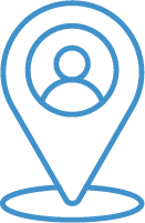 A blue map pin with a person 's face inside of it.