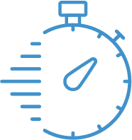 A blue icon of a stopwatch on a white background.