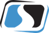 A blue and black logo with the letter s on it