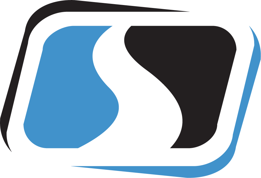 A blue and black logo with the letter s on it
