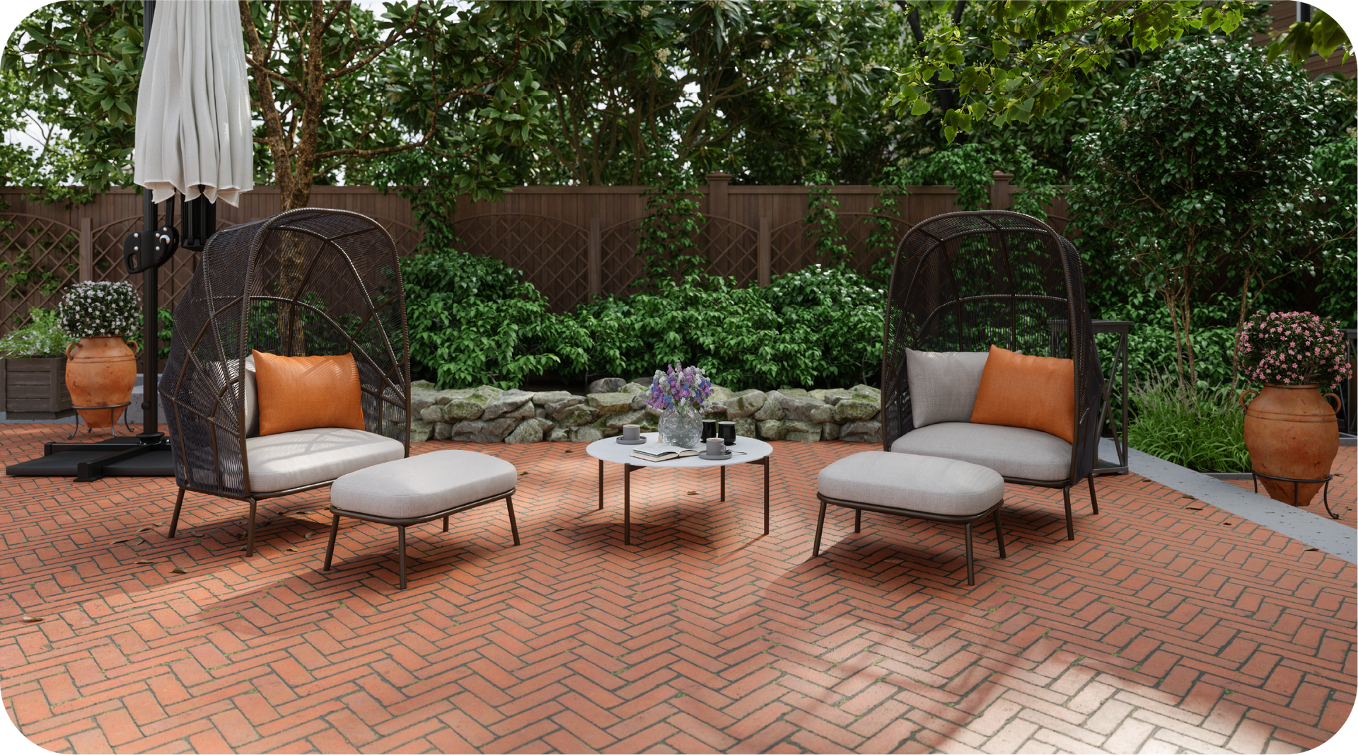 A patio with chairs , a table , and an umbrella.