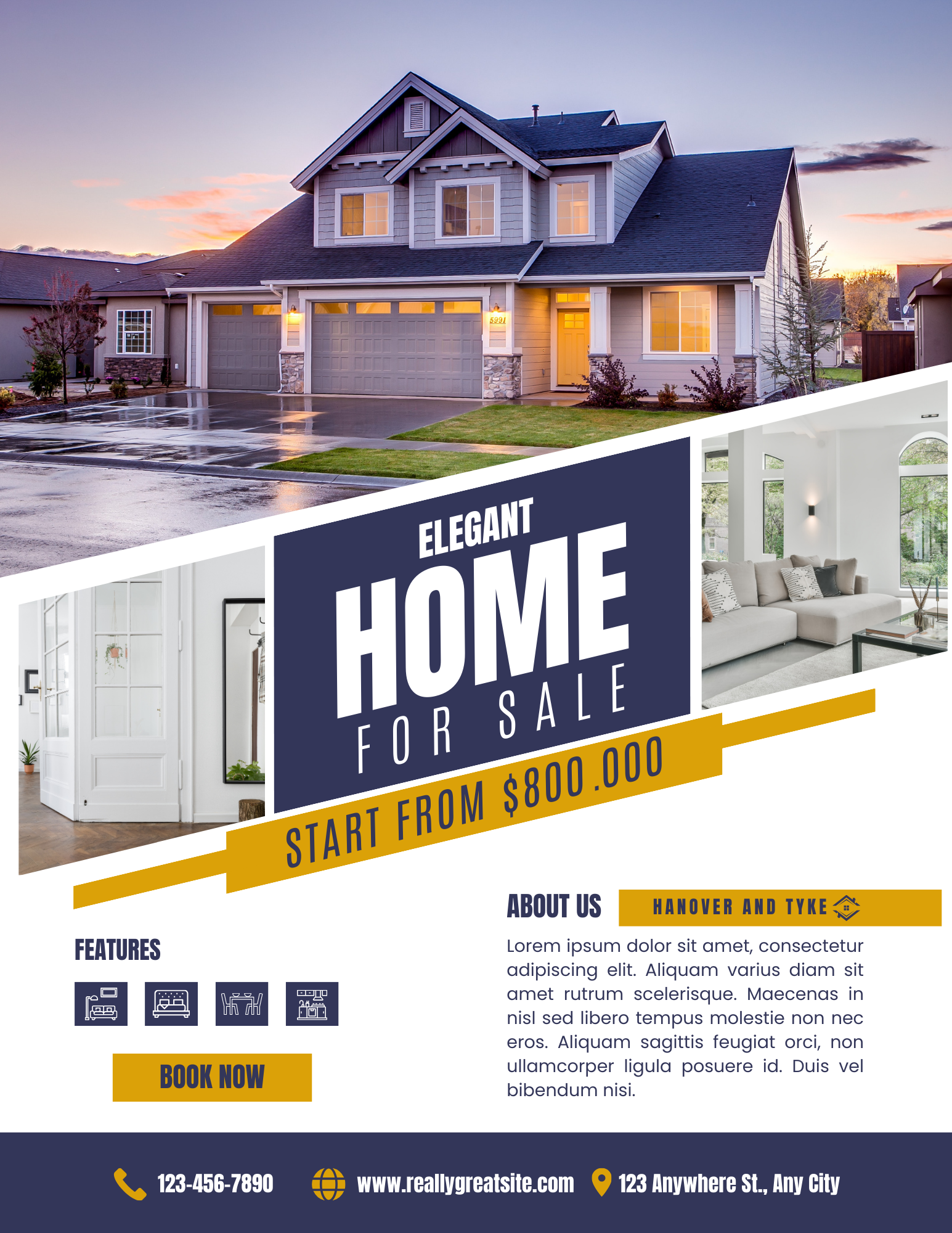 An elegant home for sale flyer with a picture of a house.