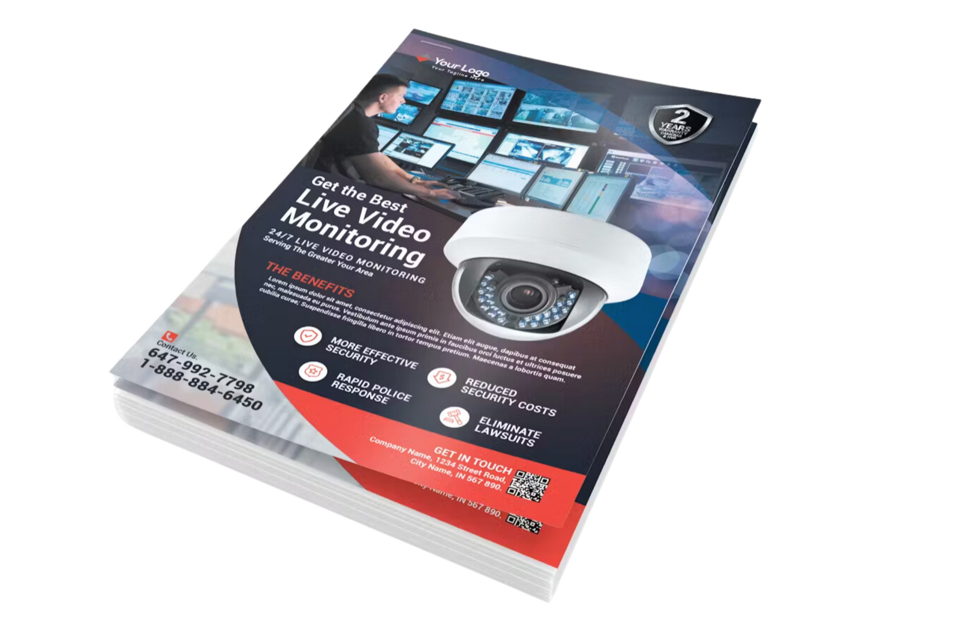 A stack of flyers for live video monitoring with a camera on it.