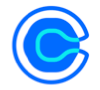 a blue letter c in a white circle on a white background .