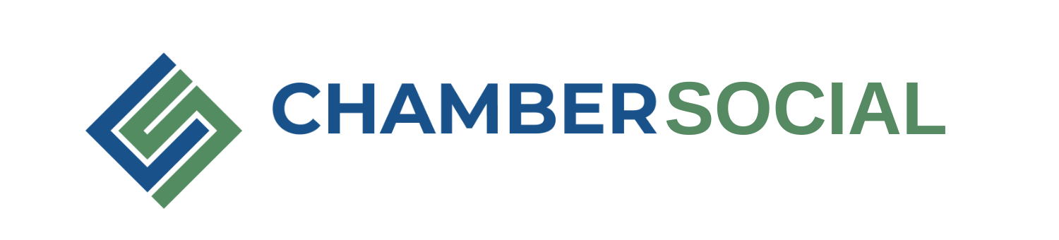 The logo for chambersocial is blue and green with a diamond in the middle.