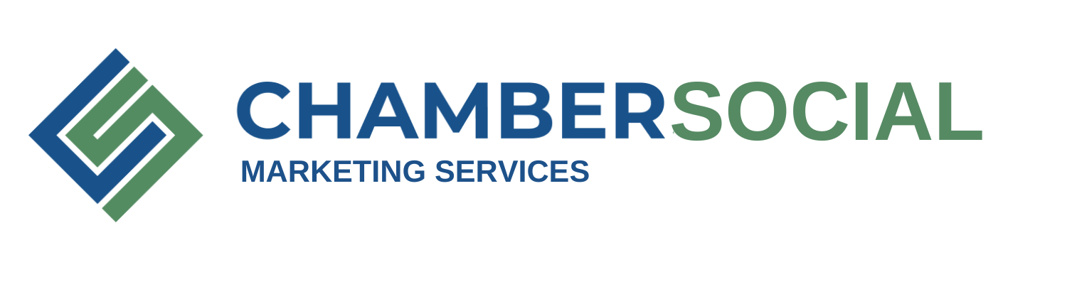 A blue and green logo for chambersocial marketing services