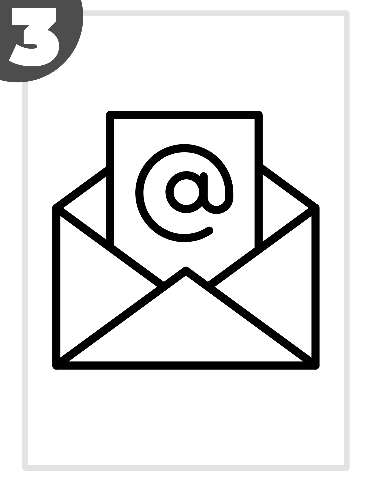 A black and white icon of an envelope with an at sign on it.