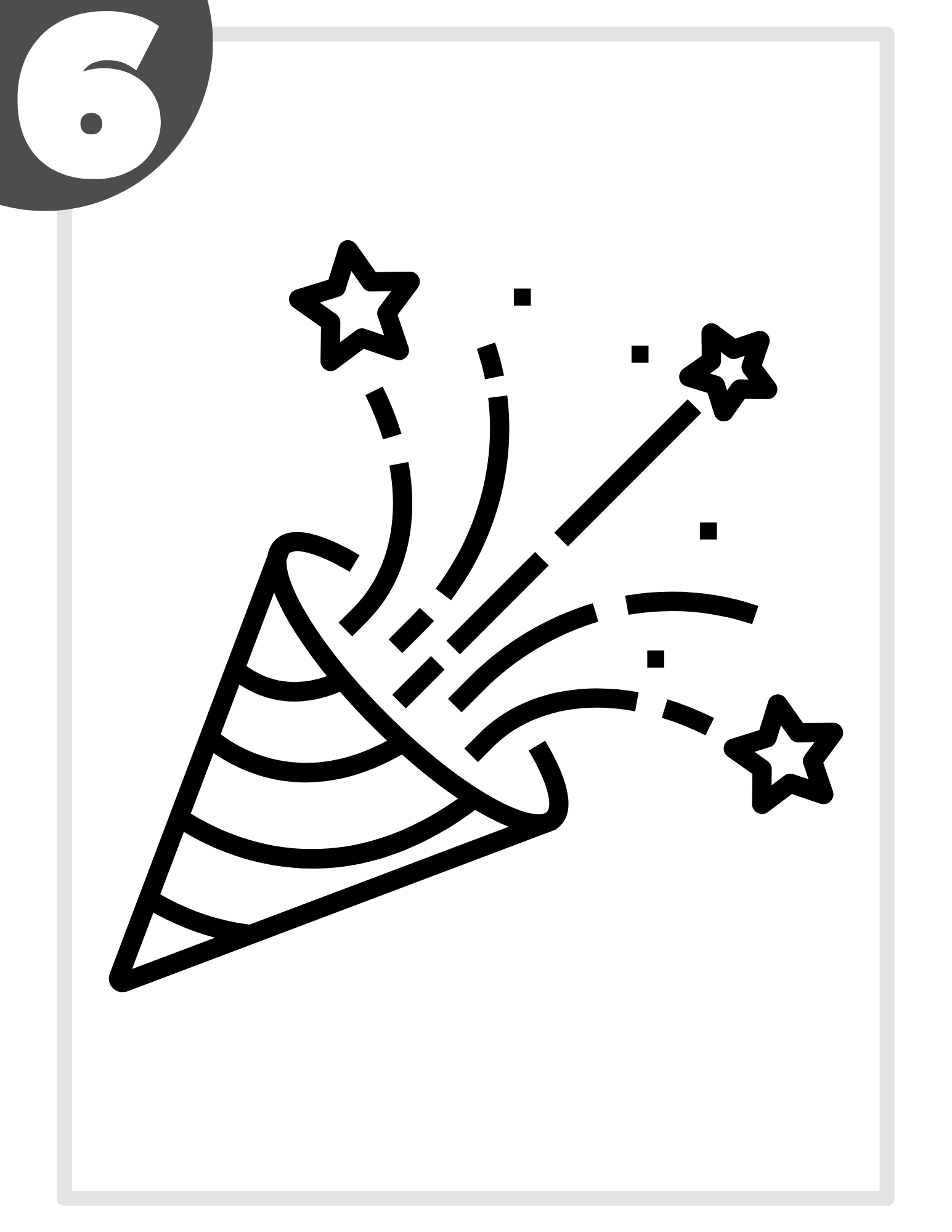 A black and white drawing of a party popper with stars coming out of it.
