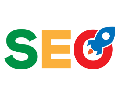 a colorful seo logo with a rocket in the middle