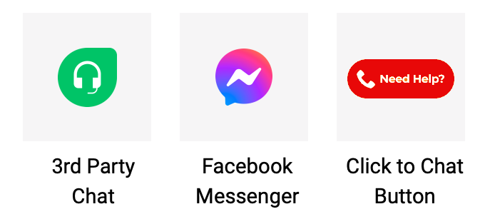 A picture of a facebook messenger icon , a 3rd party chat icon , and a click to chat button.