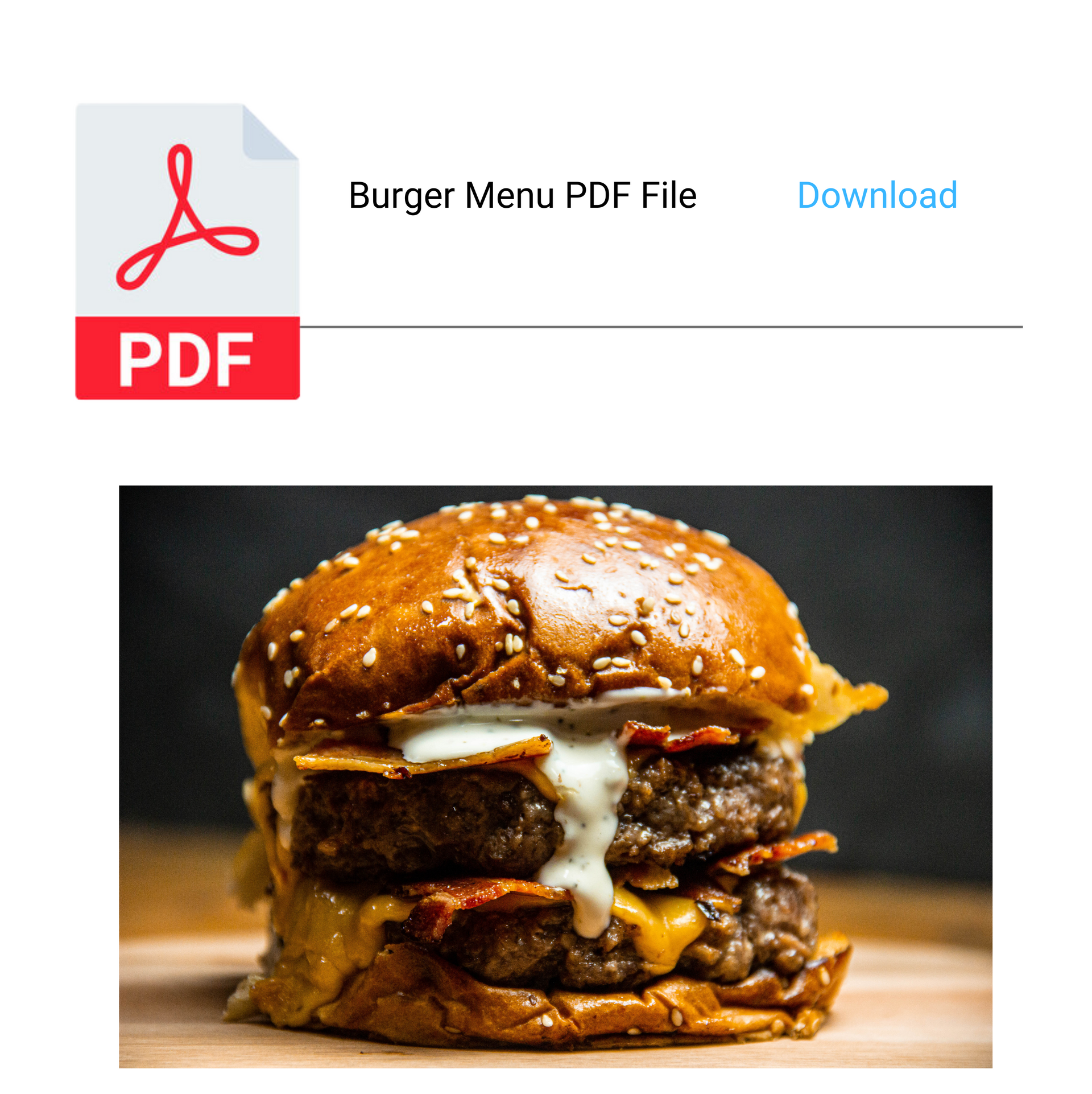 A pdf file for a burger menu with a picture of a hamburger