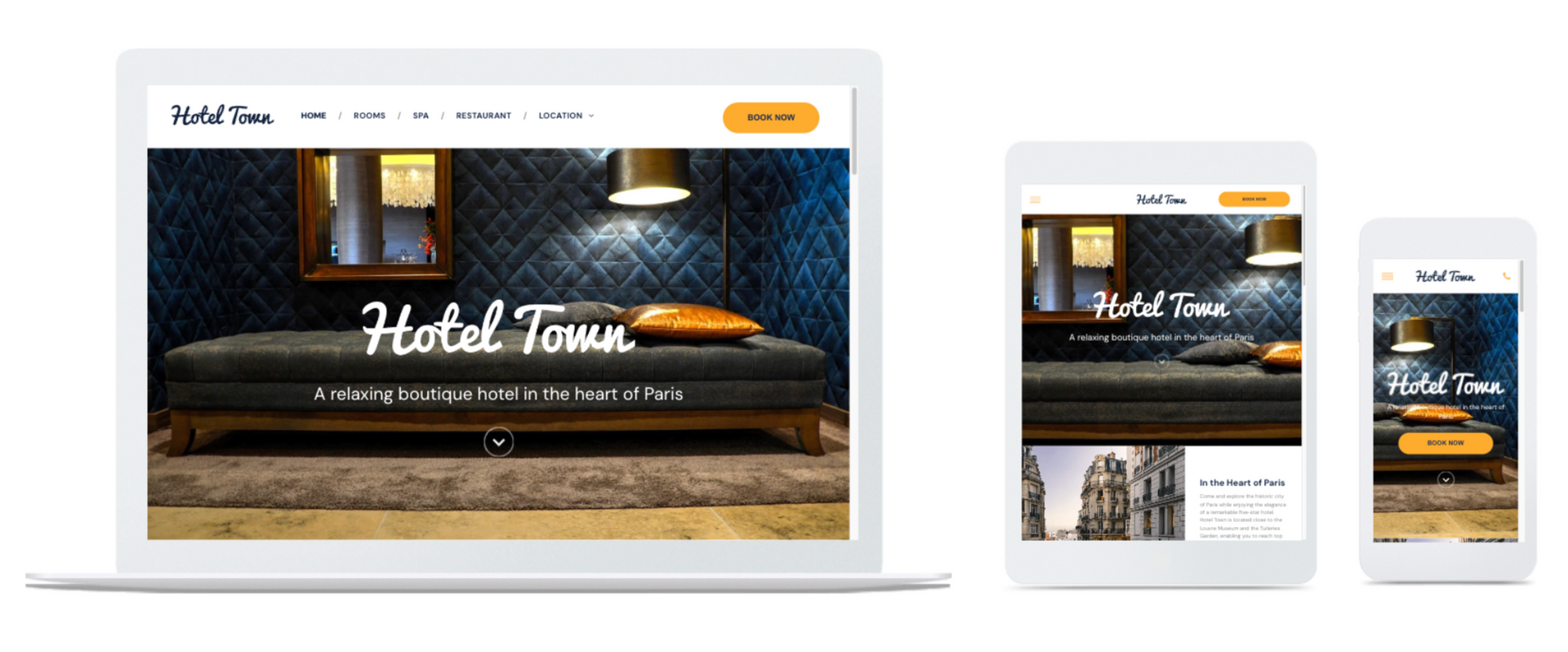 a hotel town website is displayed on a laptop , tablet , and cell phone .