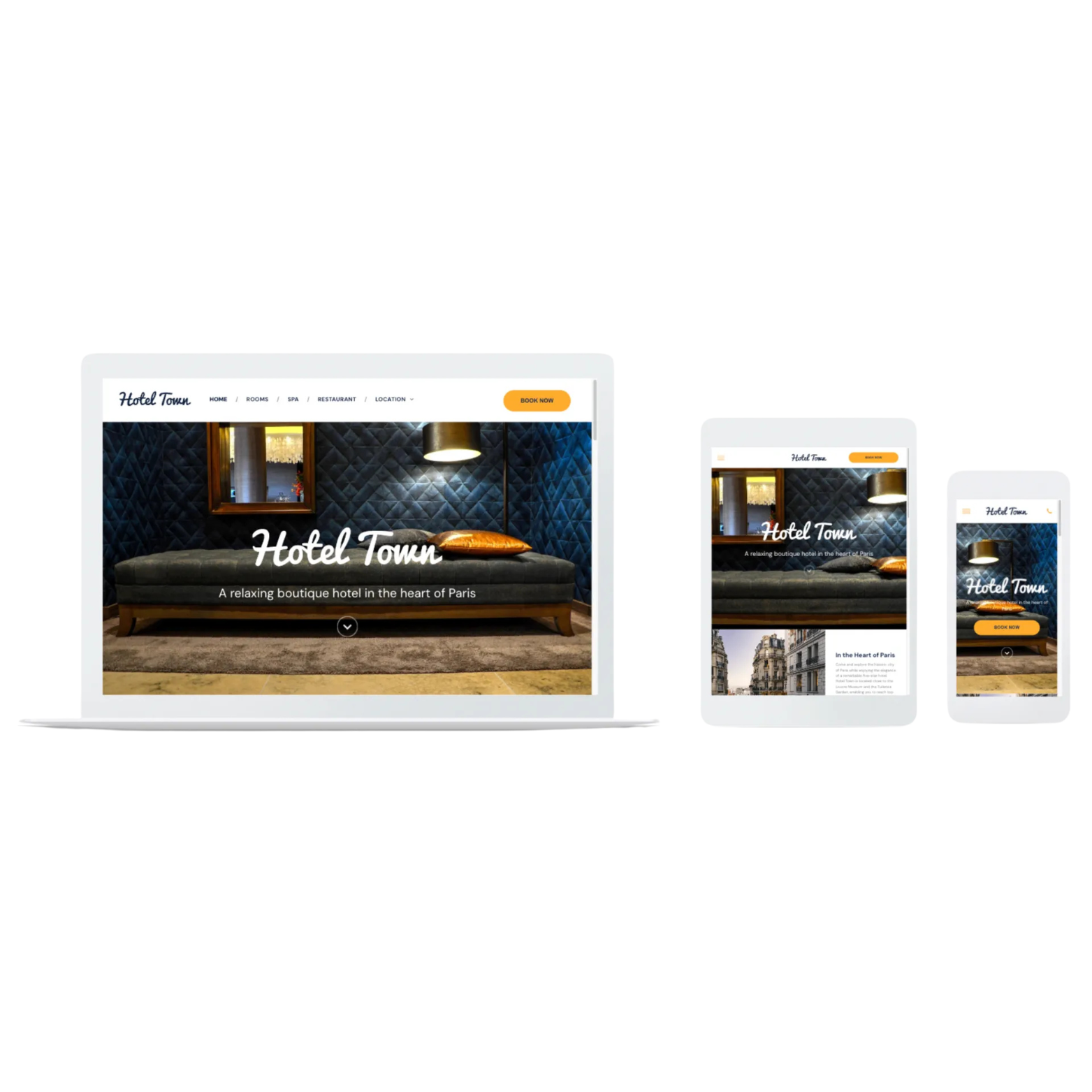 A hotel town website is displayed on a laptop , tablet , and cell phone.