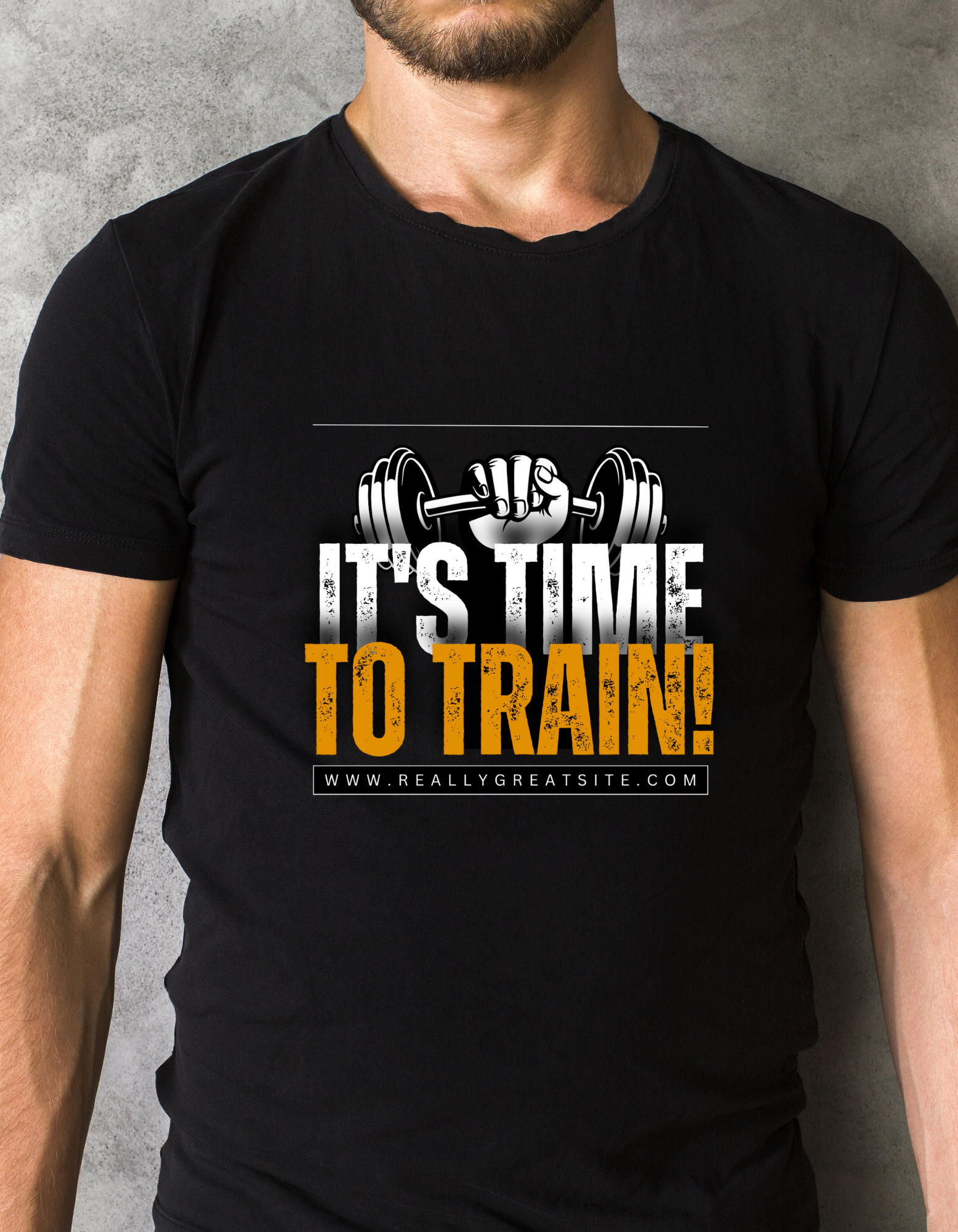 A man wearing a black t-shirt that says it 's time to train