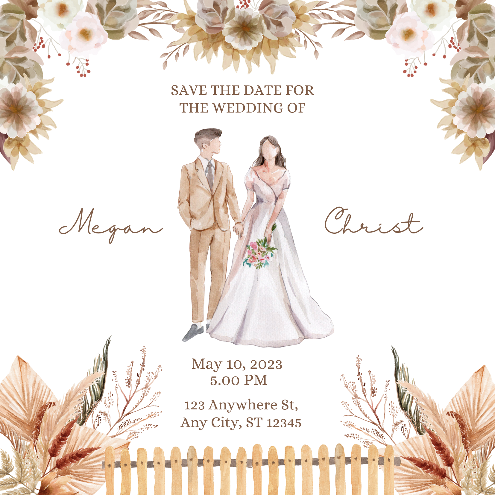 A bride and groom are standing next to each other on a wedding invitation.