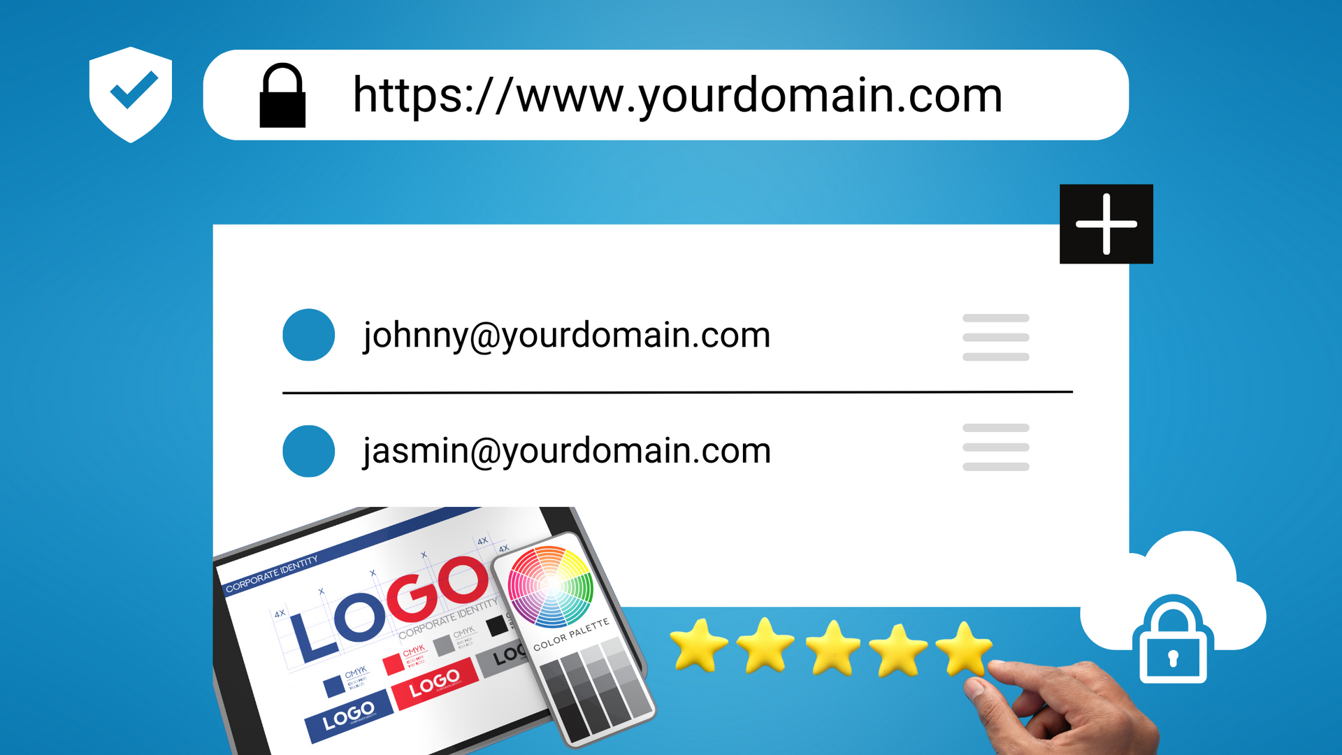 A person is pointing at a website that says https://www.yourdomain.com