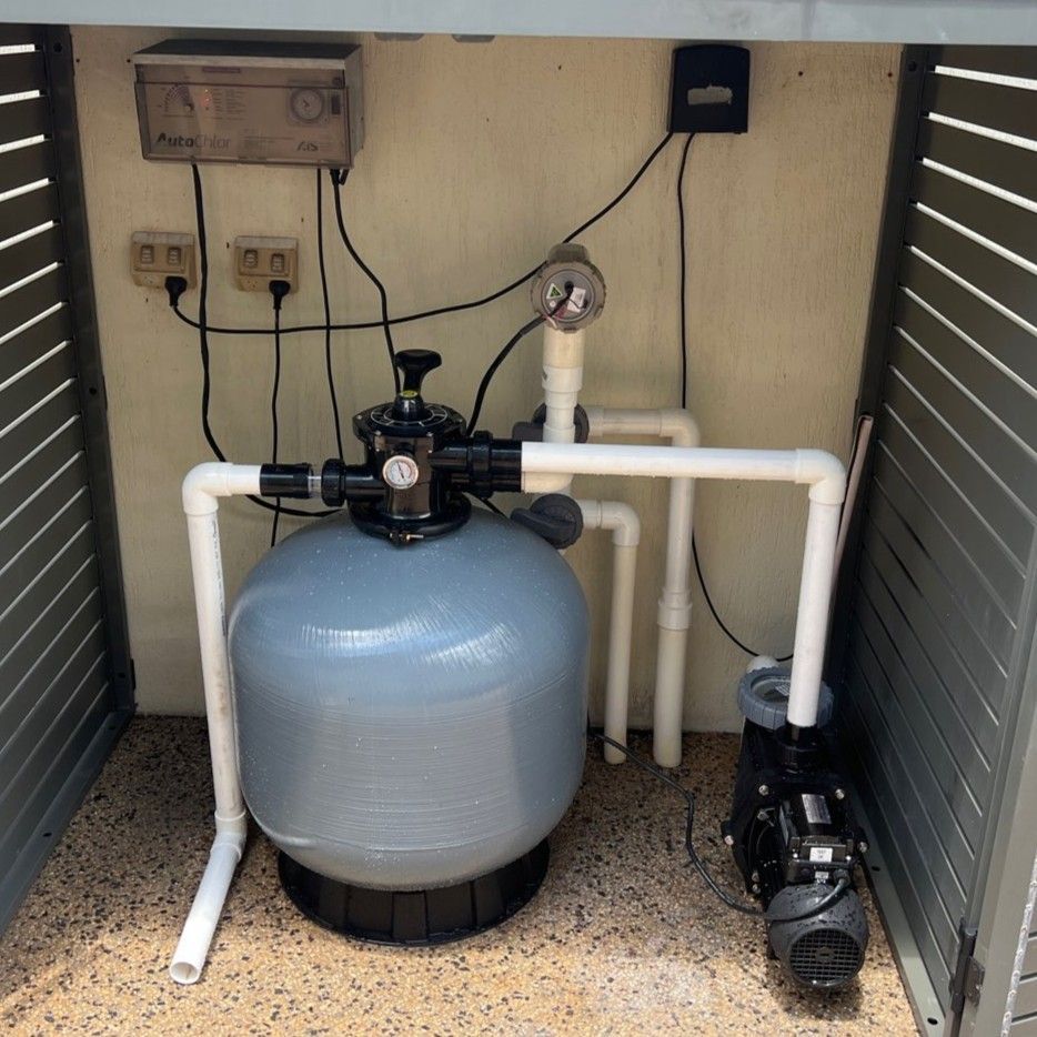 Pool filter system with a tank, pump, and electrical components  — Friendly Pool & Spa Care in Palmerston, NT 