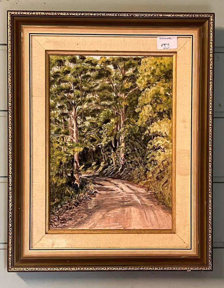 Oil Painting of a Dirt Road Winding Through a Lush Forest — Clancy's Office & Emporium in Taree, NSW
