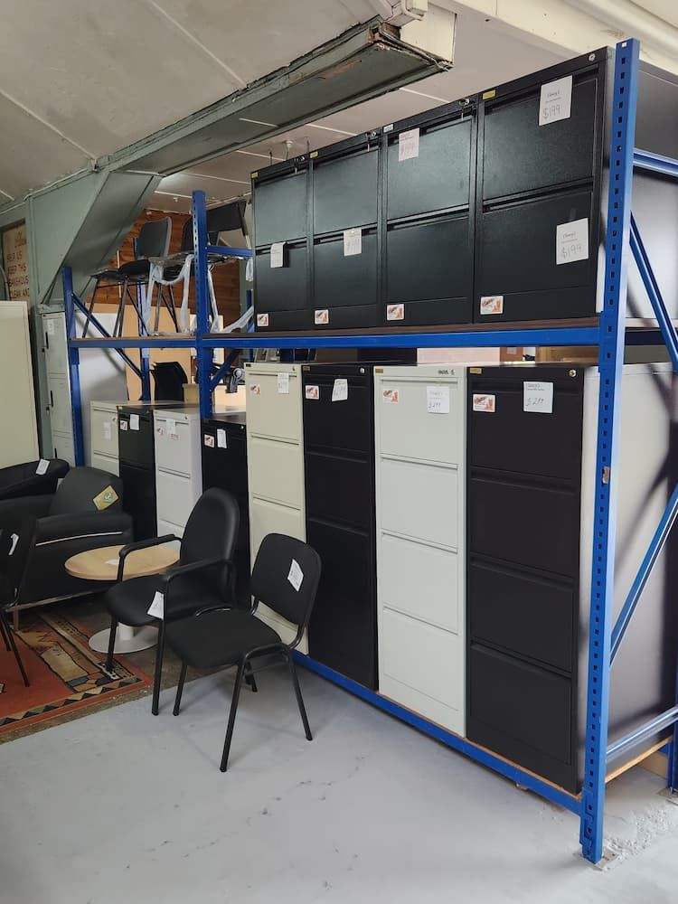 Metal Filing Cabinets in Black and Cream, With Office Chairs — Clancy's Office & Emporium in Taree, NSW