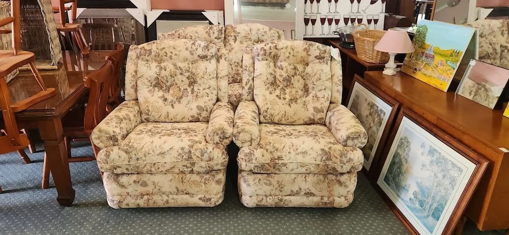 Two Patterned Antique Armchairs Are in a Shop — Clancy's Office & Emporium in Taree, NSW
