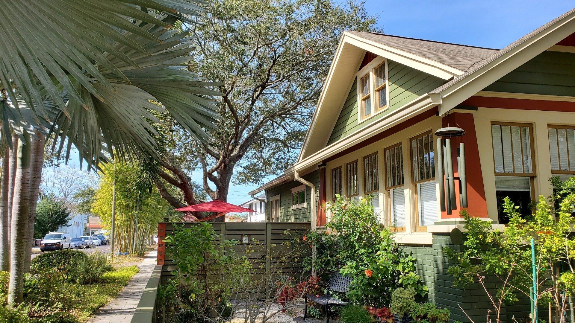 A house with a lot of windows and a palm tree in front of it