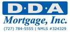A blue and white logo for d.d.a mortgage inc.