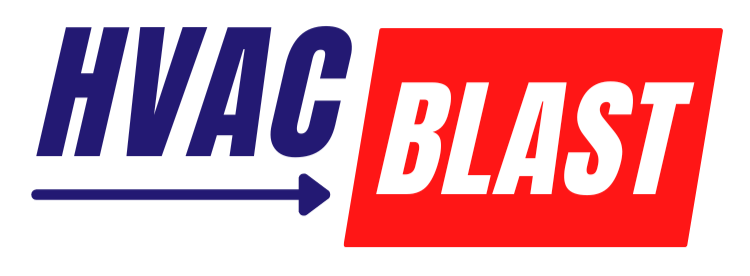 A logo for hvac blast with an arrow pointing to the right