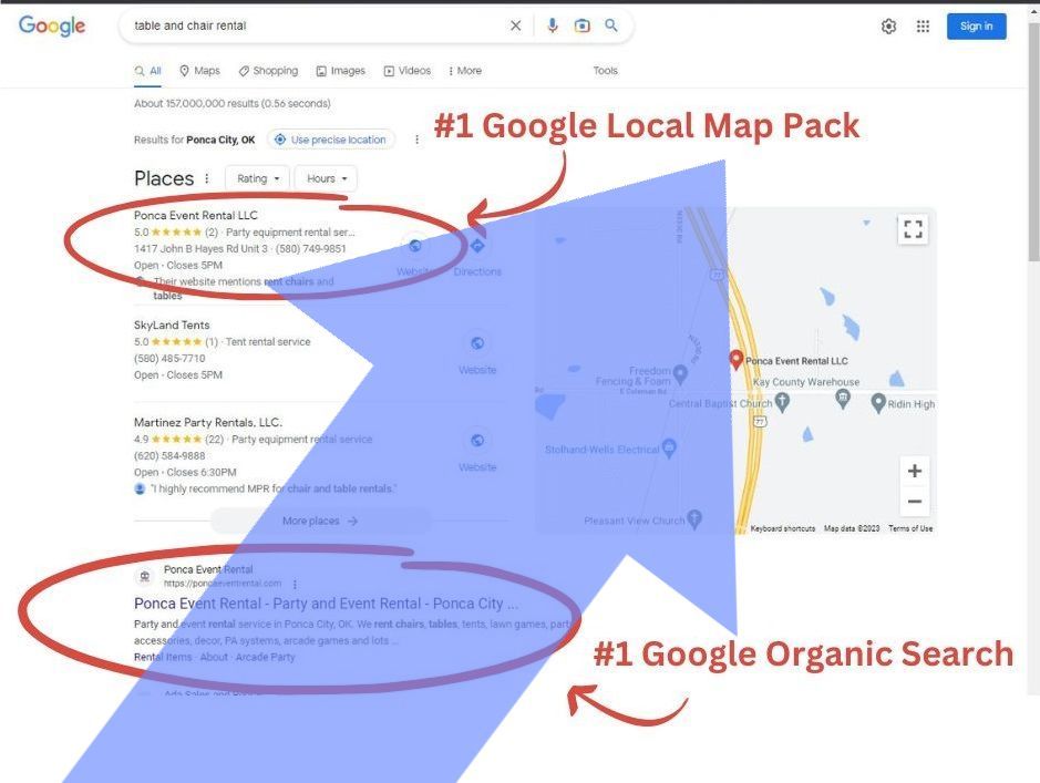 image of google search results showing ponca event rental 1st in map pack and first in organic search results