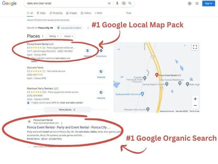 A picture of a google local map pack and a google organic search.