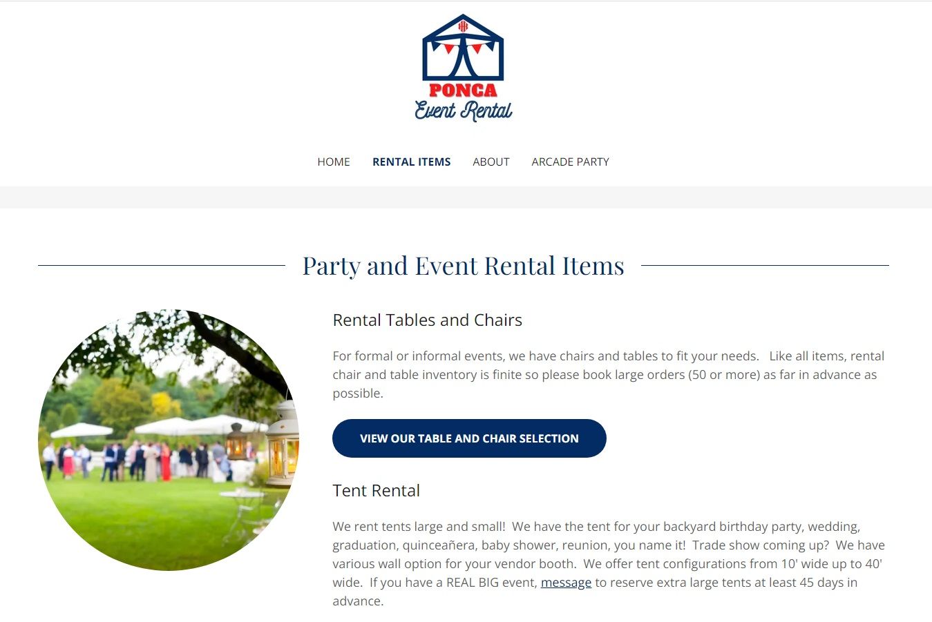 a screenshot of a website for party and event rental items .