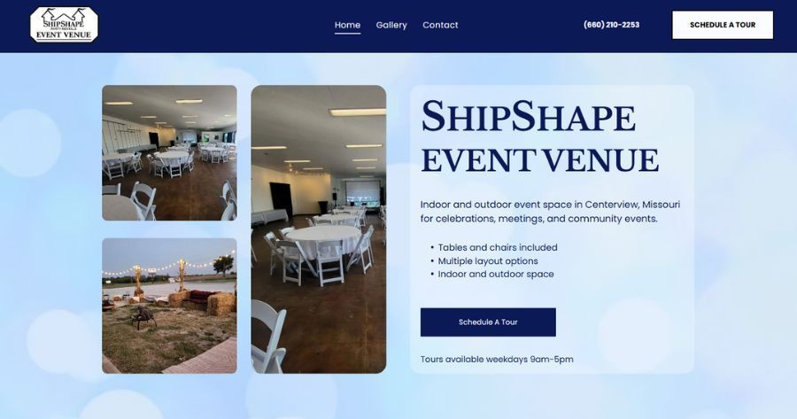 ShipShape event venue, featuring indoor and outdoor space with tables.